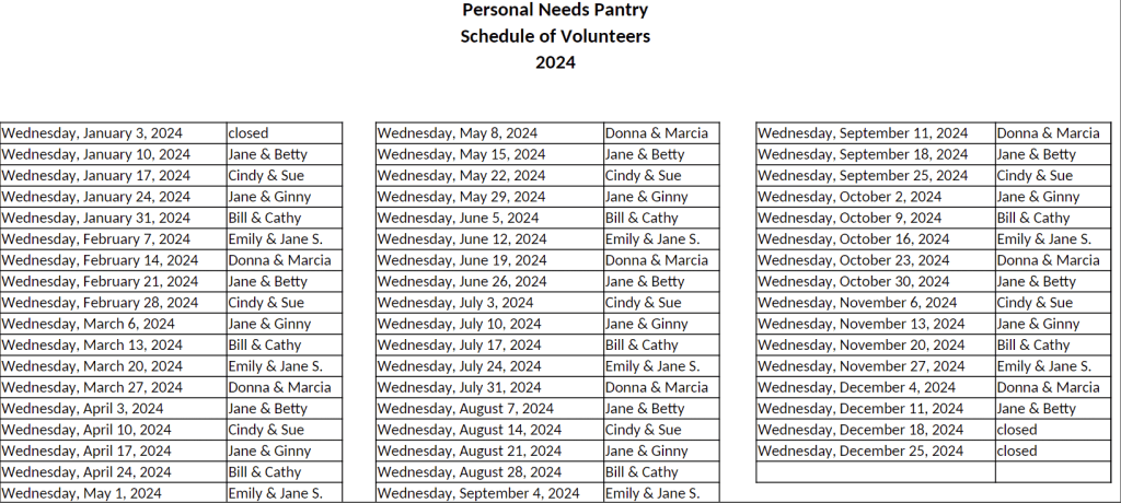 First St John - Personal Needs Pantry Volunteer Schedule 2024