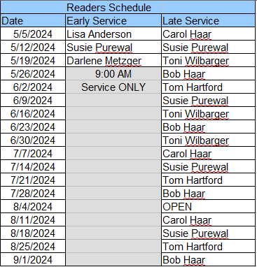 First St John - Readers Schedule