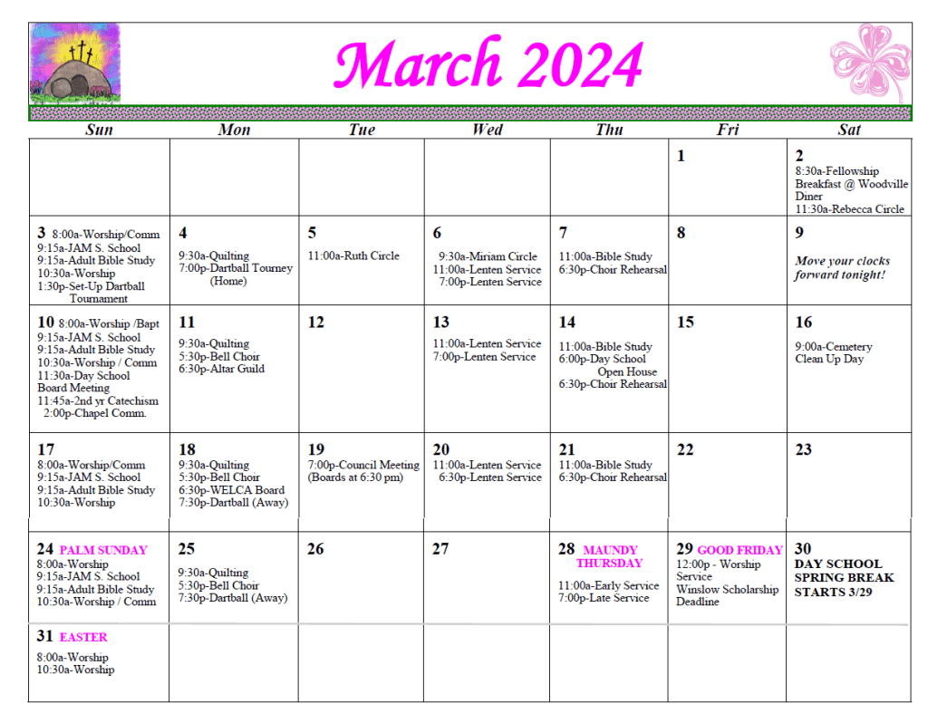 First St John - Calendar March 2024