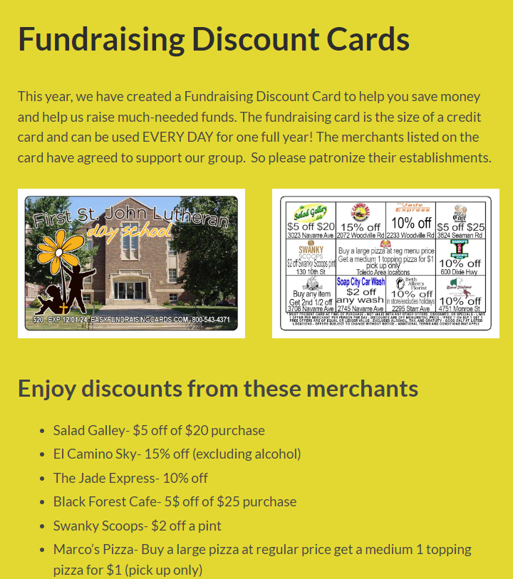 First St John - Dayschool Fundraising Discount Cards