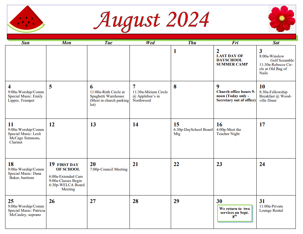 First St John - August 2024 Calendar