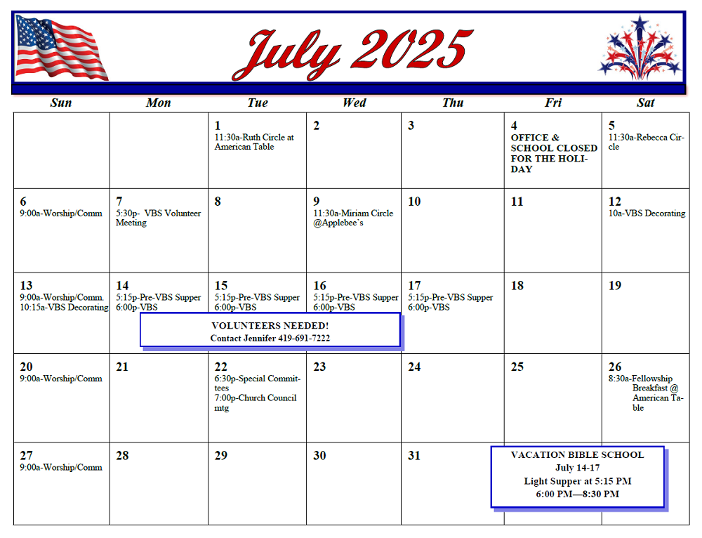 First St John - July 2025 Calendar