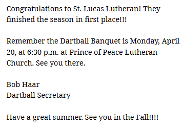 FSJ Dartball Standings 4-7-26